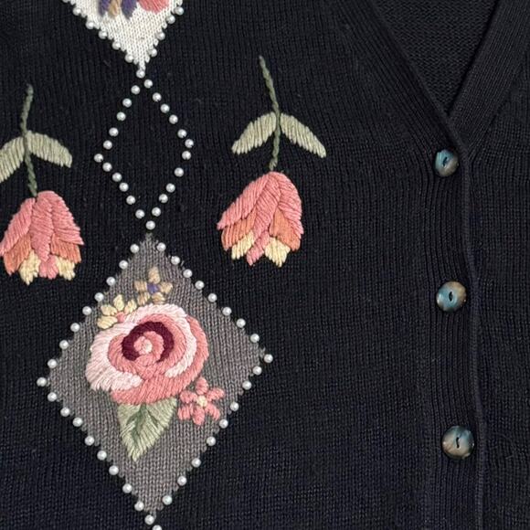 Vintage Cristina Embroidered 3D Knit Floral Beaded Cardigan Large Button Whimsy - Picture 2 of 9